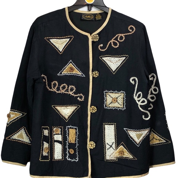 Allure Jackets & Blazers - ALLURE Vintage Embroidered Jacket Black & Tan with Wood Buttons Size M
